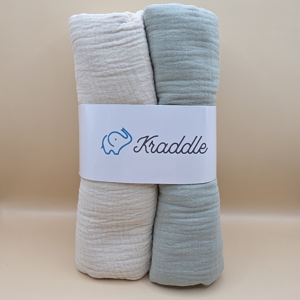 Kraddle Muslin Swaddle Blankets 2 pack Green Cream Baby Newborn - Picture 1 of 3